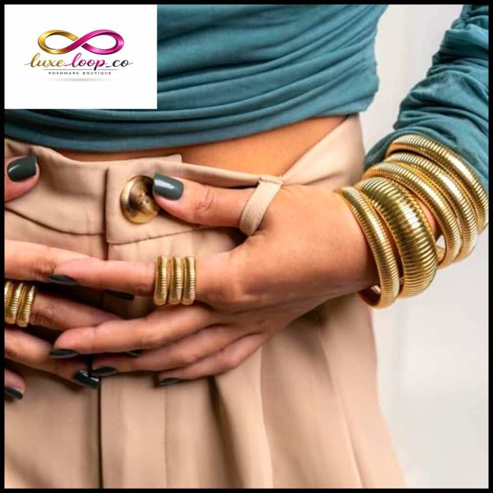 Chunky Gold Bangle Bracelet Set Stackable Stretch… - image 6